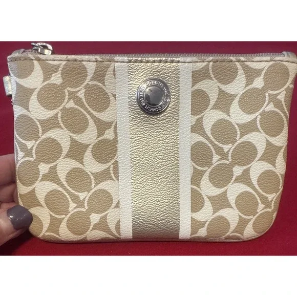 Coach Chelsea Wristlet Wallet Heritage Stripe Khaki/Gold Signature Canvas F43894 - Picture 3 of 8